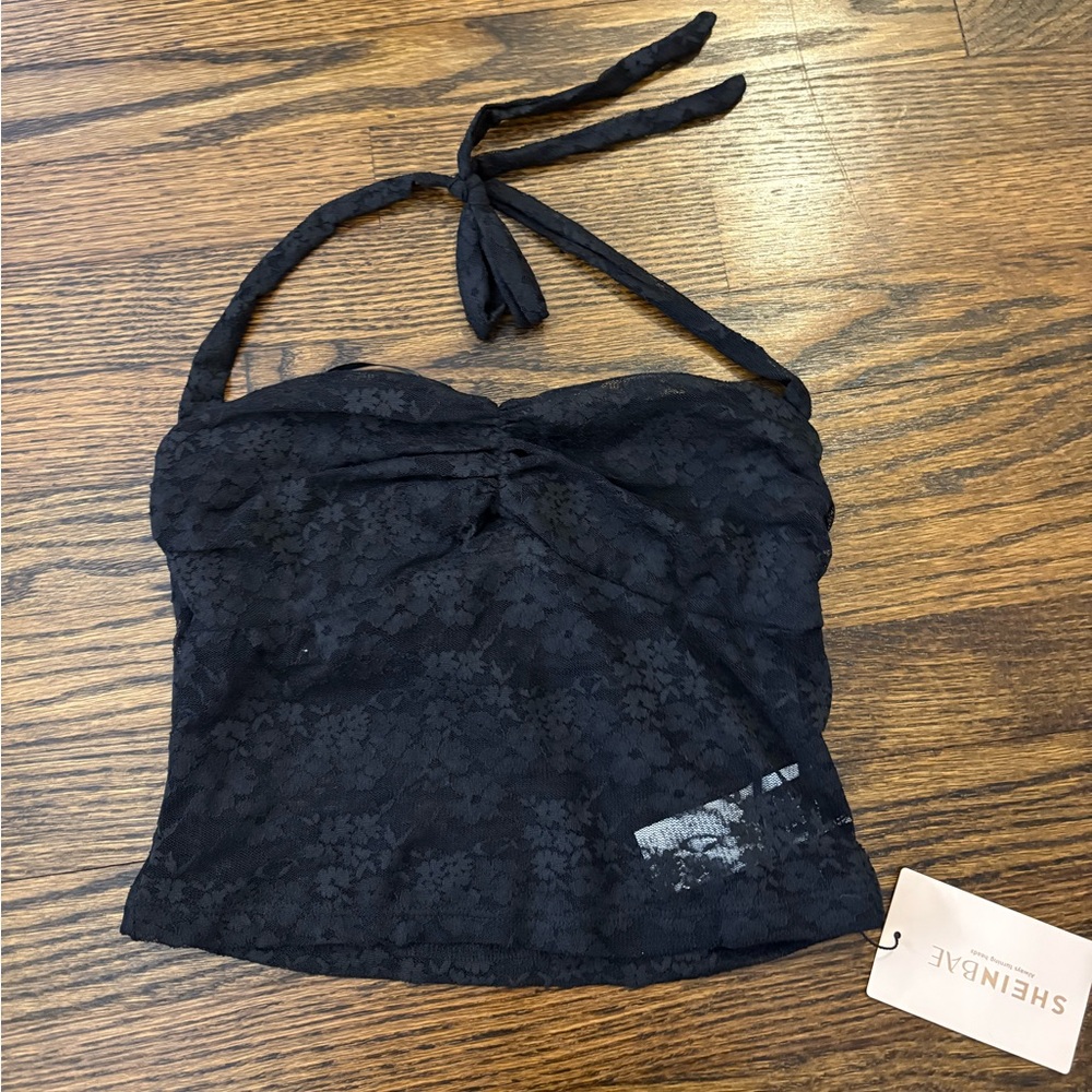 SHEIN Black Lace Halter Top
